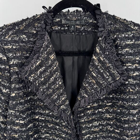 LAFAYETTE 148 Black Metallic Woven Autumnal Bell Sleeve Open Blazer Size 14 - Picture 3 of 7